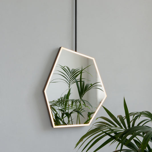 Ceiling Suspended Front Illuminated Irregular Hexagon Mirror with Minimalist Bronze Patina Frame and ON / OFF Sensor Switch