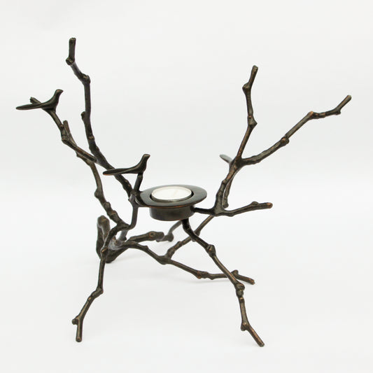 Bronze Cast Magnolia Twig Tealight Candle Holder With Dark Patina, Tall