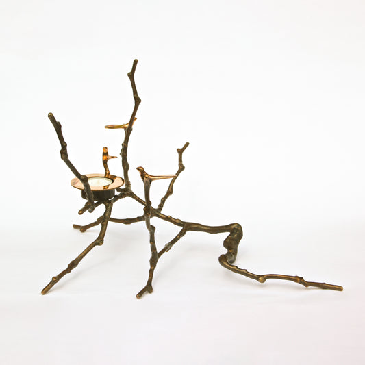 Bronze Cast Magnolia Twig Tealight Holder With Light Patina - Tall