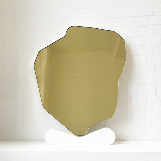 Contemporary Gold Tinted Freeform Illuminated Mirror with Brass Frame - D