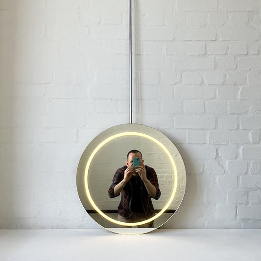 Orbis™ Ceiling Suspended Illuminated Round Frameless Mirror