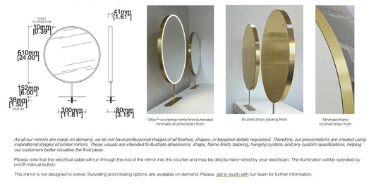 Bespoke Countertop Orbis™ Mirror Front Illumination Minimalist Frame Brushed Brass Finish 1 Leg (610 X 41mm)