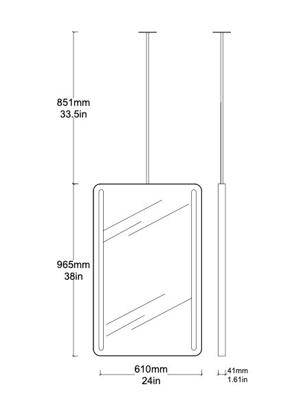 Bespoke Ceiling Suspended Quadris™ Mirror Polished Stainless Steel Frame Finish Special Front Illumination 2 strips - 2 rods (965 x 610 x 30mm)