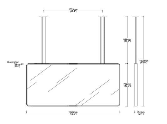 Bespoke Suspended Quadris™ Mirror Blackened Stainless Steel Frame Finish 4 Rods Double-Sided Front Illumination Both Sides (762 x 1676 x 54mm)