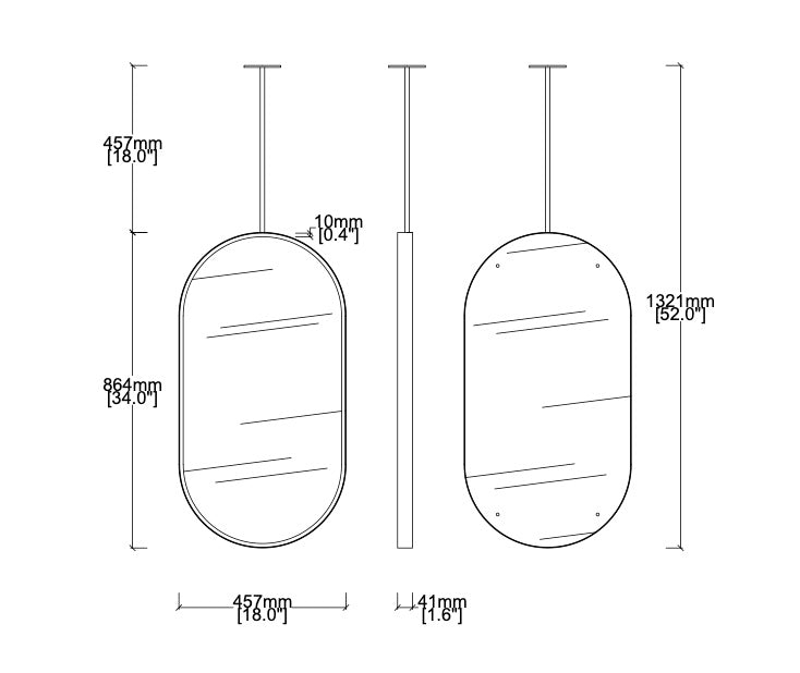 Bespoke Ceiling Suspended Capsula™ Mirror Minimalist Frame Brushed Stainless Steel Finish Double-sided – Screws Front Illumination - 1 Arm (864 x 457 x 41mm)