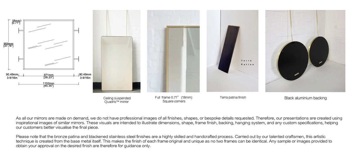 Bespoke Wall To Wall Quadris No Illumination Standard Silver Mirror Tint (Clear Tint) Full Frame – Mitred Brass Terra Bronze Patina Finish 4 Arms On The Sides (959 X 971 X 30mm)