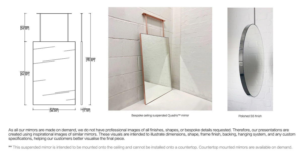 Bespoke Ceiling Suspended Quadris™ Mirror Square Corners No Illumination Minimalist Frame Polished Stainless Steel Finish 2 Arms (1371 X 914 X 30mm)
