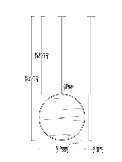 Bespoke Ceiling Suspended Orbis™ Mirror Front Illumination On/off Sensor Switch Minimalist Frame Polished Brass Finish - Unlacquered Depth 1 Arm (610 x 41mm)
