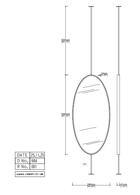 Set of 2 Bespoke Counter to Ceiling Ovalis™ Mirrors Front Illumination Minimalist Frame Polished Brass Finish 1 Arm 1 Leg (1200 x 566 x 41mm)