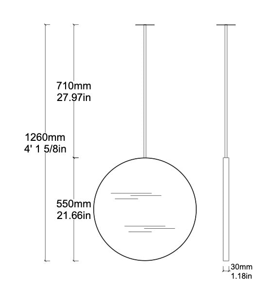 Bespoke Ceiling Suspended Orbis™ Mirror Minimalist Polished Stainless Steel Frame 1 Arm (550x30mm)