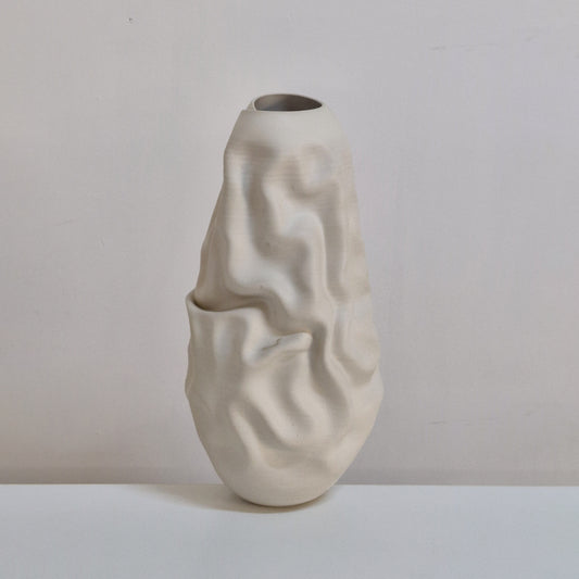 White Crumpled Form Ceramic Vessel, Unique Sculpture