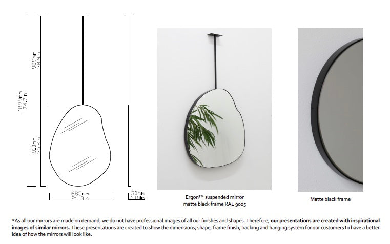 Bespoke Suspended Ergon™ Organic Mirror Matte Black Frame 1 Rod (910 x 685 x 30mm)