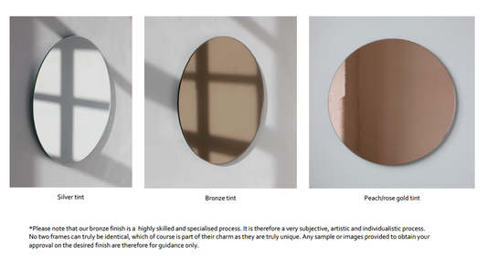 Bespoke Oval Shape: 2 Juxtaposed Mirrors Frameless Plywood Backing with Velvet Finish Back Mirror Bronze or Peach/Rose gold (673 x 514 x 6mm) and Front Mirror Silver Tint (514 x 362 x 6mm)