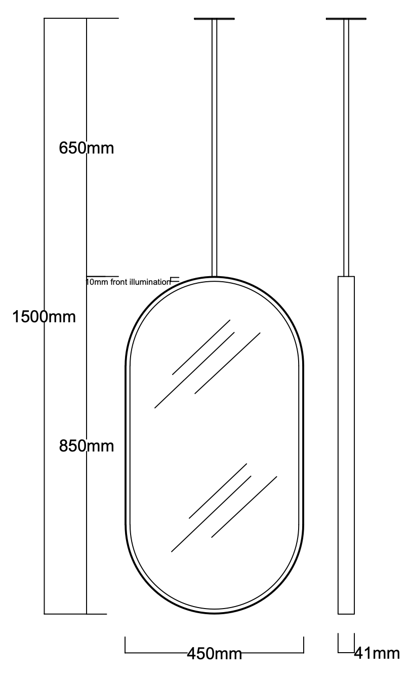 Bespoke Suspended Capsula™ Mirror with Polished Stainless Steel Frame 1 Rod (850 x 450 x 41mm)