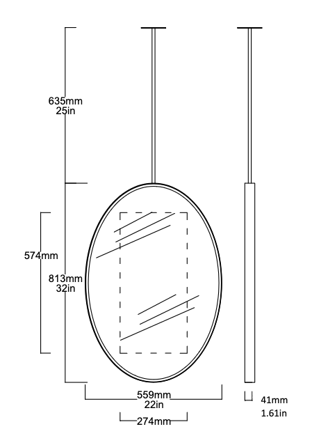 Set of two bespoke Suspended Ovalis™ Mirrors Traffic White Frame (RAL 9016) Front Illumination 1 rod (813 x 559 x 41mm)