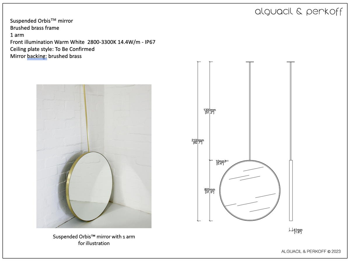 Bespoke Suspended Orbis™ Mirror Brushed Brass Frame Diam800x41mm