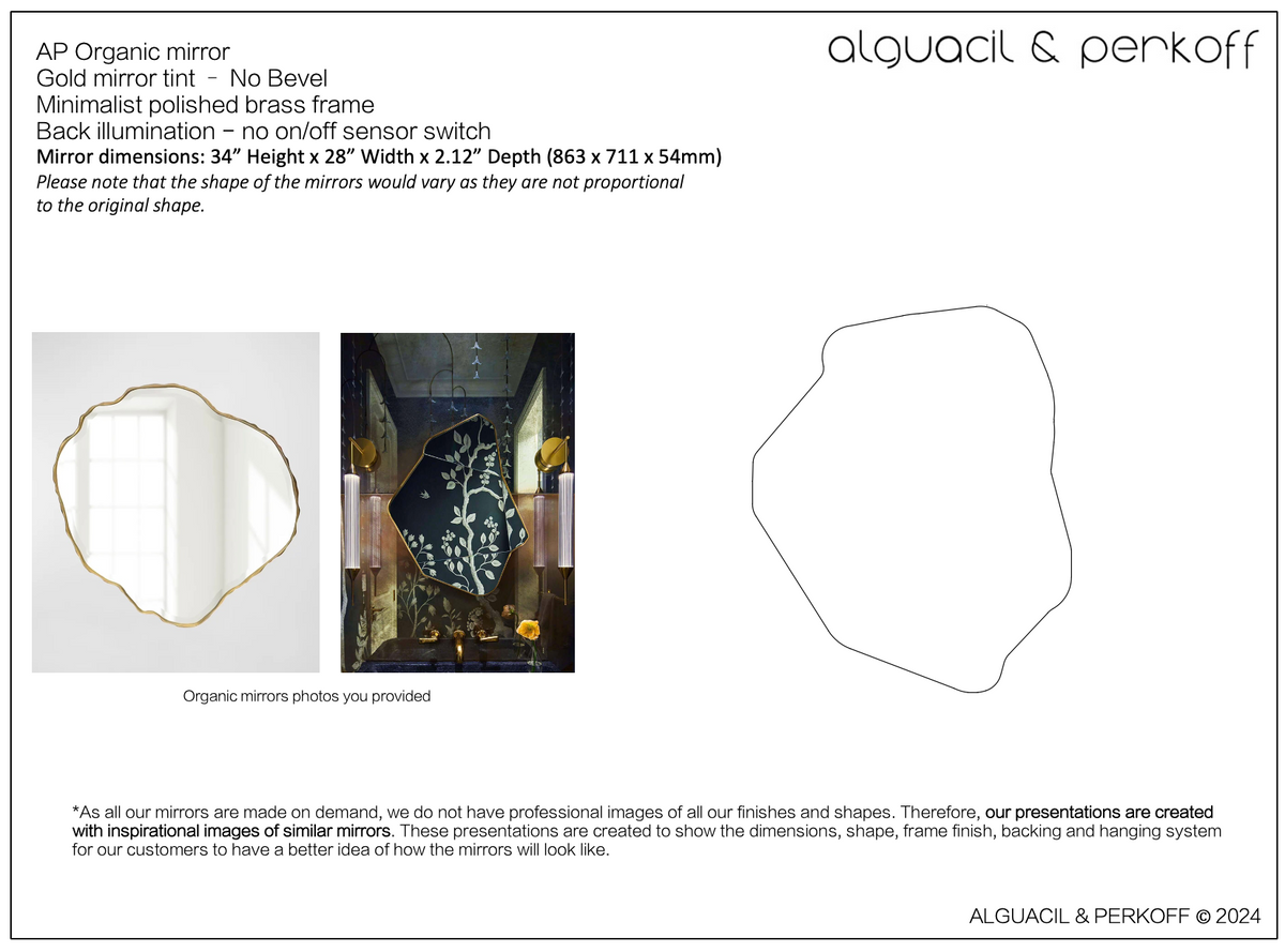 Bespoke Freeform Mirror Gold Tint Brushed Brass Frame Back Illuminated 34x28"