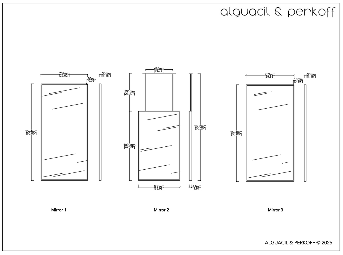 Set of Three Bespoke Mirrors - Quadris™ Mirrors - One Suspended - All with Nickel Plated Frames