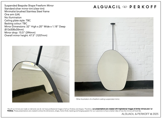 Suspended bespoke shape freeform mirror with brushed stainless steel frame 32x20"