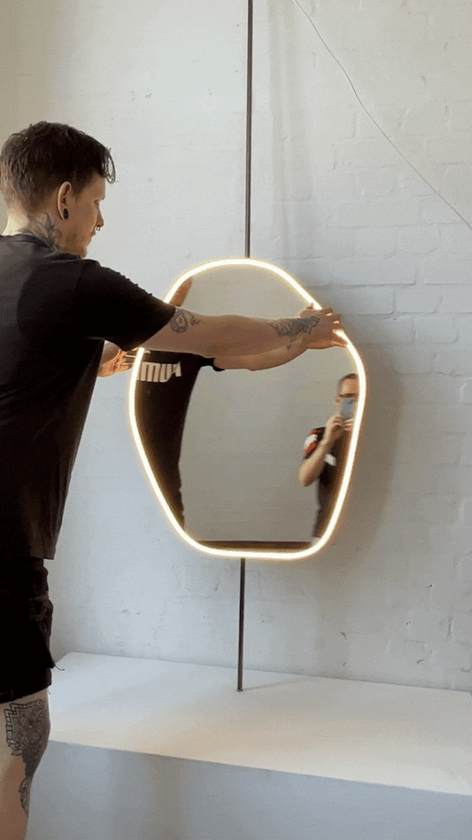 Countertop to Ceiling Freeform Illuminated Mirror with Bronze Patina Brass Frame