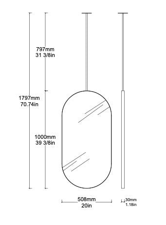 Bespoke Ceiling Suspended Capsula™ Mirror Minimalist Frame Nickel-Plated Finish No Illumination 1 Arm (1000 x 508 x 30mm)