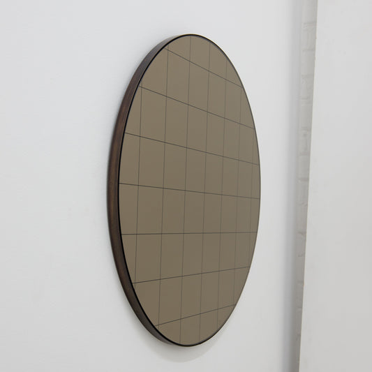 In Stock Orbis Bronze Tinted Round Mirror with Sandblasted Grid and a Bronze Patina Frame