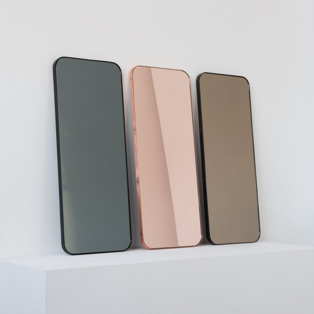 In Stock Quadris Rectangular Rose Gold Minimalist Mirror with a Copper Frame