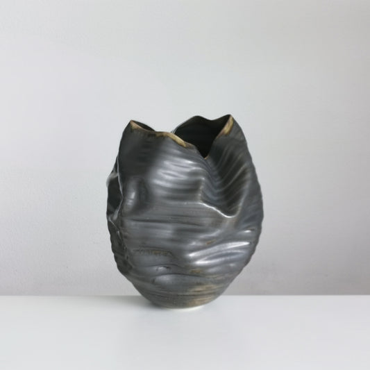 Unique Ceramic Sculpture Vessel, Black Ribbed Undulating Form N.58, Objet d'Art