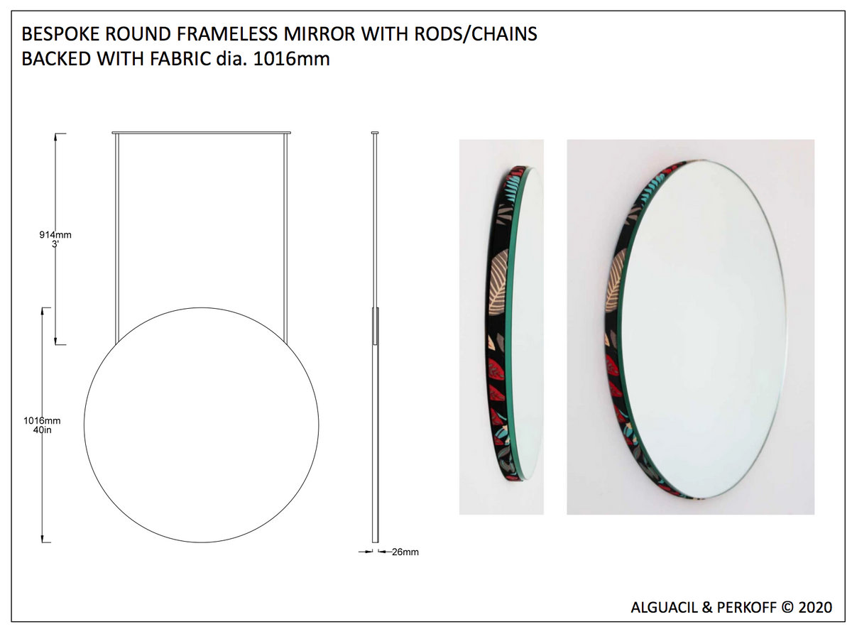 Suspended round silver mirror with two brass chains