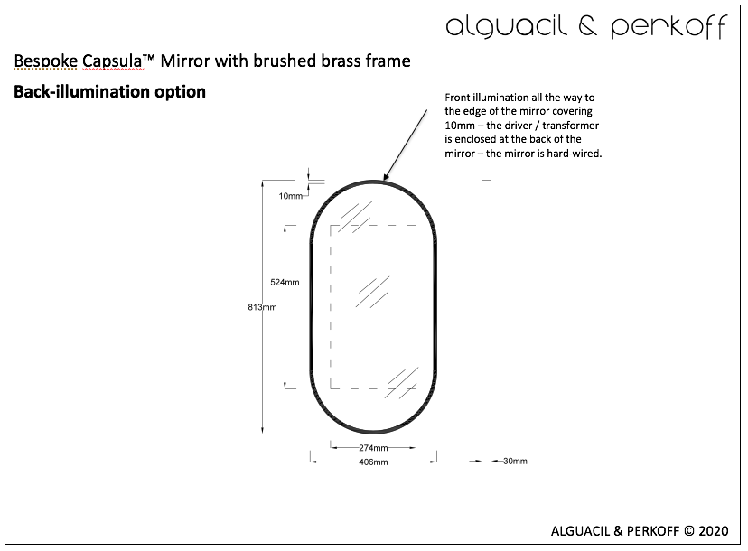 Bespoke Capsula™ mirror with brushed brass frame, front illumination and demister pad