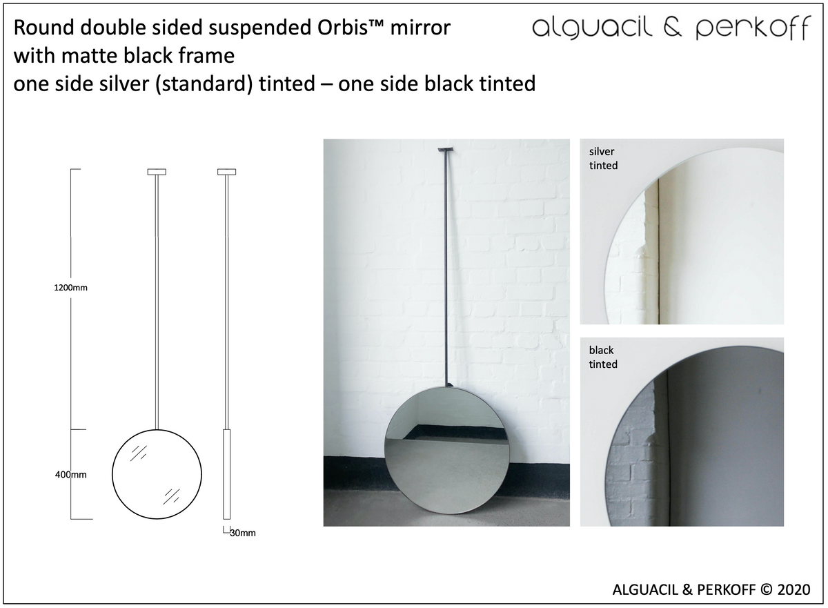 Bespoke double sided suspended round Orbis™ mirror with matte balck frame - 400mm Diam.