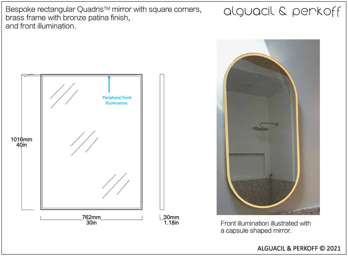 Customised rectangular Quadris™ mirror with brass frame with bronze patina and front illumination