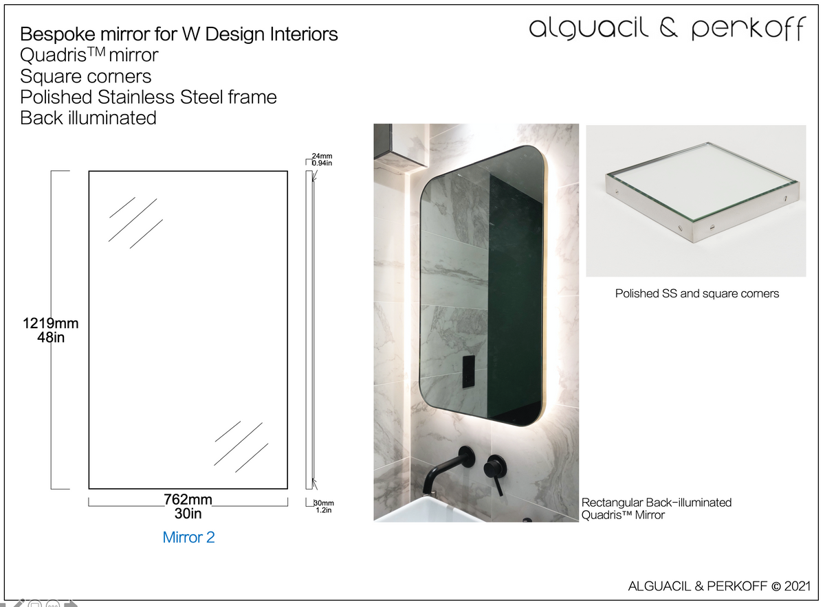 Set of Three Bespoke Quadris™ Mirrors Square Corners Polished SS Frame Back Illumination