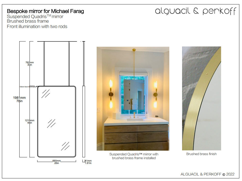 Bespoke Suspended Quadris™ Mirror Brass Frame Front Illumination (1219 x 660 x 41mm)