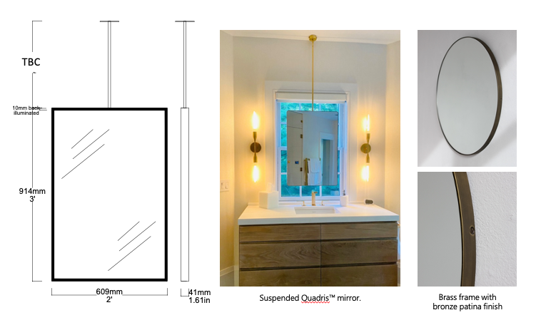 Set of 2 Bespoke Suspended Quadris™ Mirror Brass frame Bronze Patina Finish Front Illumination 1 Rod (914 x 609x 30mm)