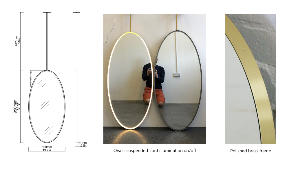 Bespoke Suspended Ovalis™ Brushed Brass Frame Front Illumination (991 x 500 x 41mm)