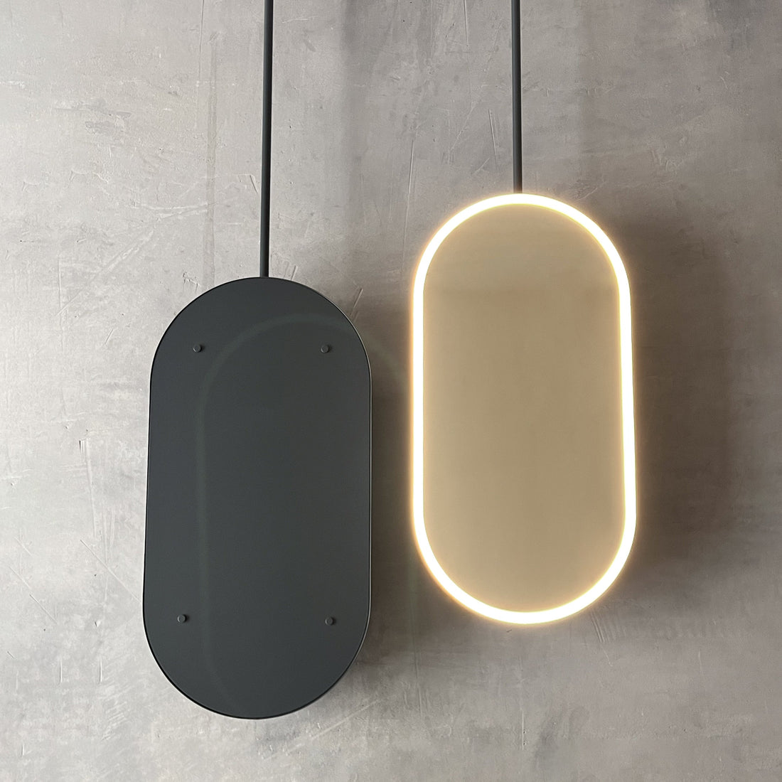 NEW Capsula™ Ceiling Suspended Illuminated Mirror with Anthracite Grey Frame and Backing