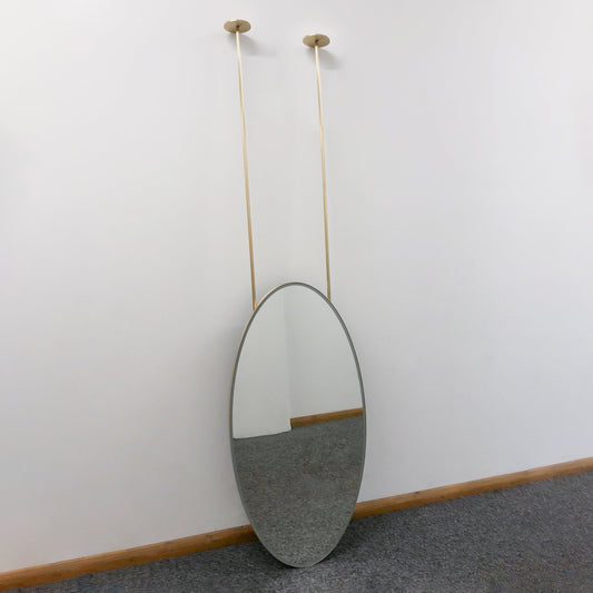 Bespoke Ovalis™ Ceiling Suspended Mirror with Brass Frame and Front Illumination