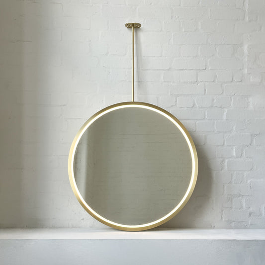 Ceiling Suspended Orbis™ Illuminated Mirror with Full Brass Frame