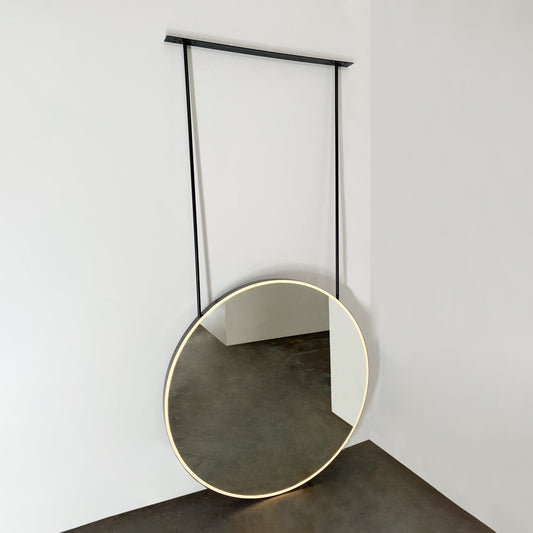 New! Modern Orbis™ Ceiling Suspended Illuminated Round Mirror with Black Frame