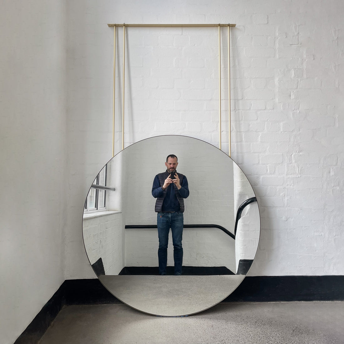 Bespoke Extra-Large Ceiling-Suspended Orbis™ Mirror with Four Rods and Brass Frame