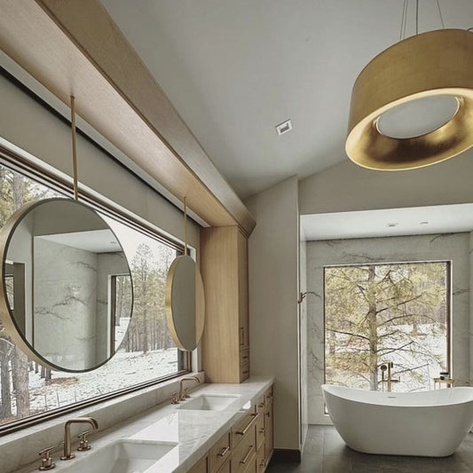 Pair of two Round Ceiling-Suspended Illuminated Mirrors with a Brass Frame
