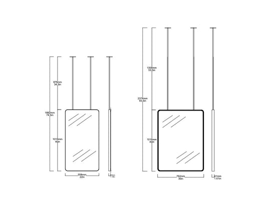Set of 2 Bespoke Suspended Quadris™ Mirrors Matte White Powder Coated Minimalist Frame 1x Back Illumination (1016 x 558.8 x 30mm) And 1x Front Illumination (1016 x 762 x 30mm)