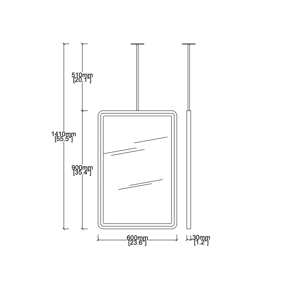 Quadris™ Ceiling Suspended Rectangular Mirror with a Bevel and a Nickel Plated Frame