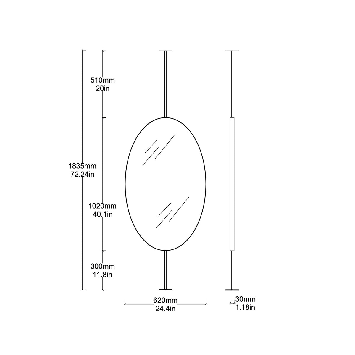 Contemporary Ovalis™ Countertop to Ceiling Attached Mirror with Nickel Plated Frame
