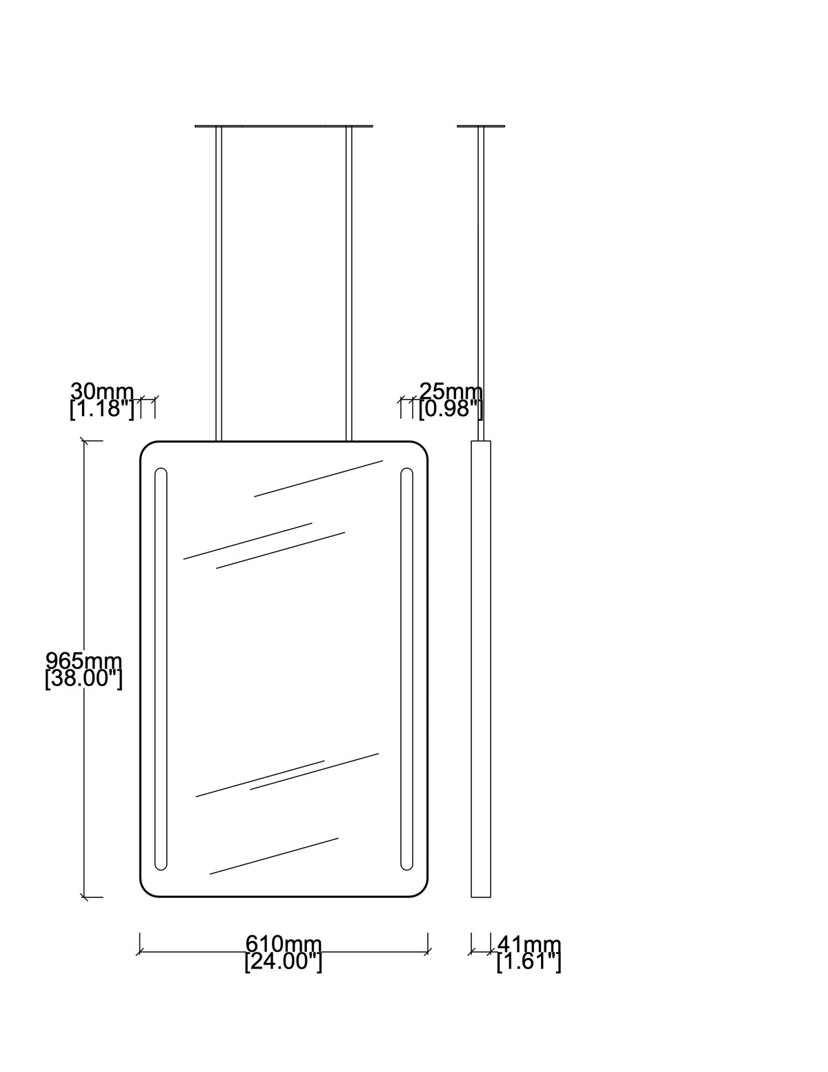 Contemporary Quadris™ Ceiling Suspended Front Illuminated Rectangular Mirror with Stainless Steel Frame