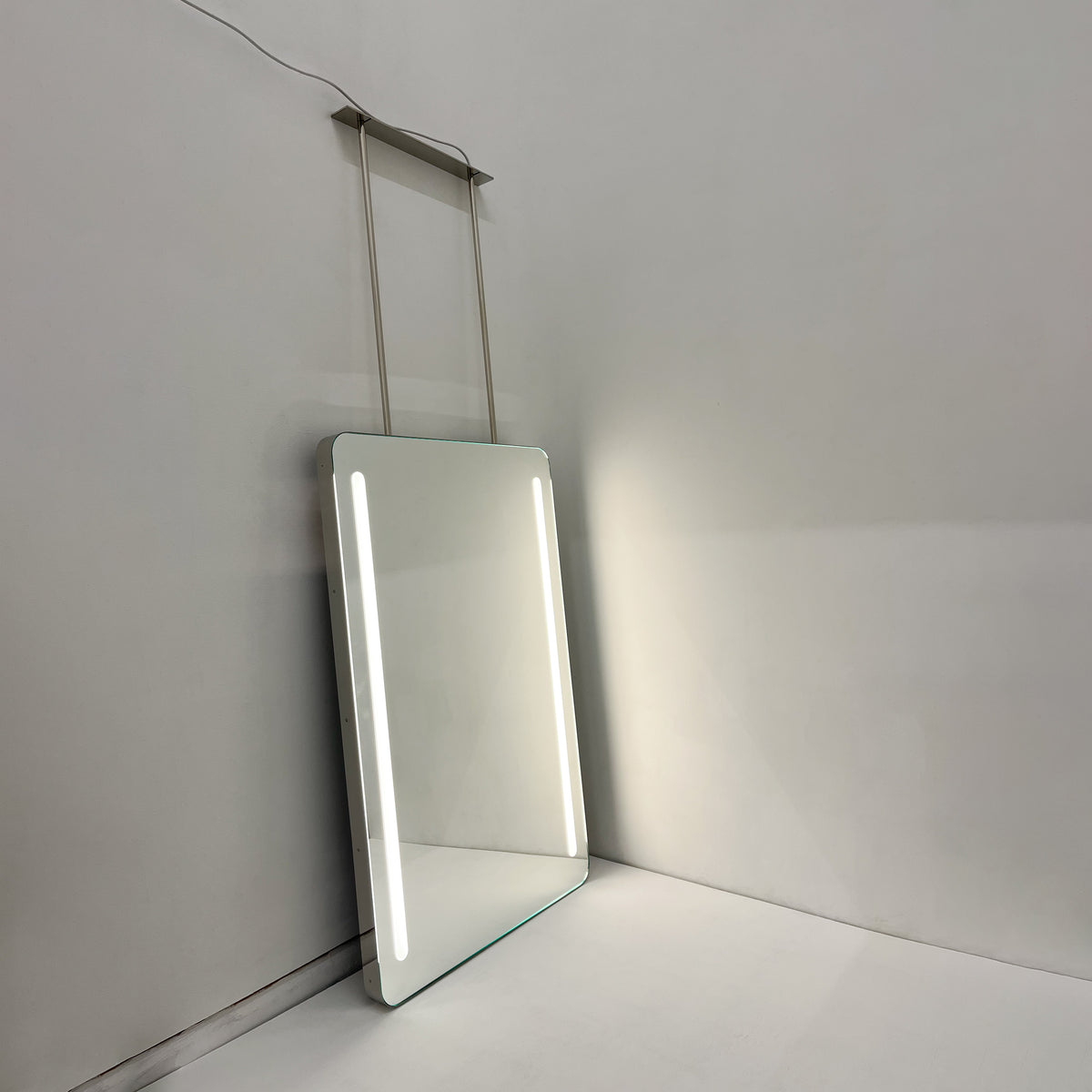 Contemporary Quadris™ Ceiling Suspended Front Illuminated Rectangular Mirror with Stainless Steel Frame