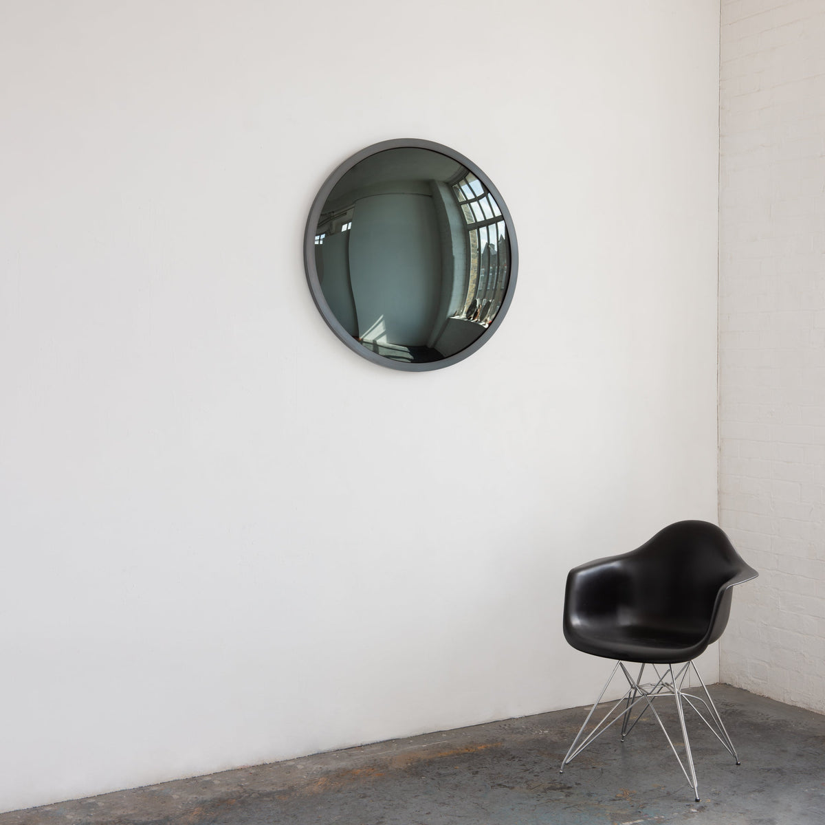 In Stock Orbis™ Round Black Convex Handcrafted Mirror with Blackened Metal Frame