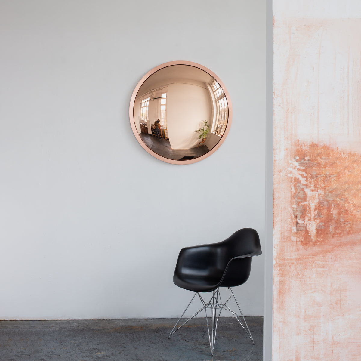In Stock Orbis™ Round Rose Gold Convex Handcrafted Mirror with Brushed Copper Frame
