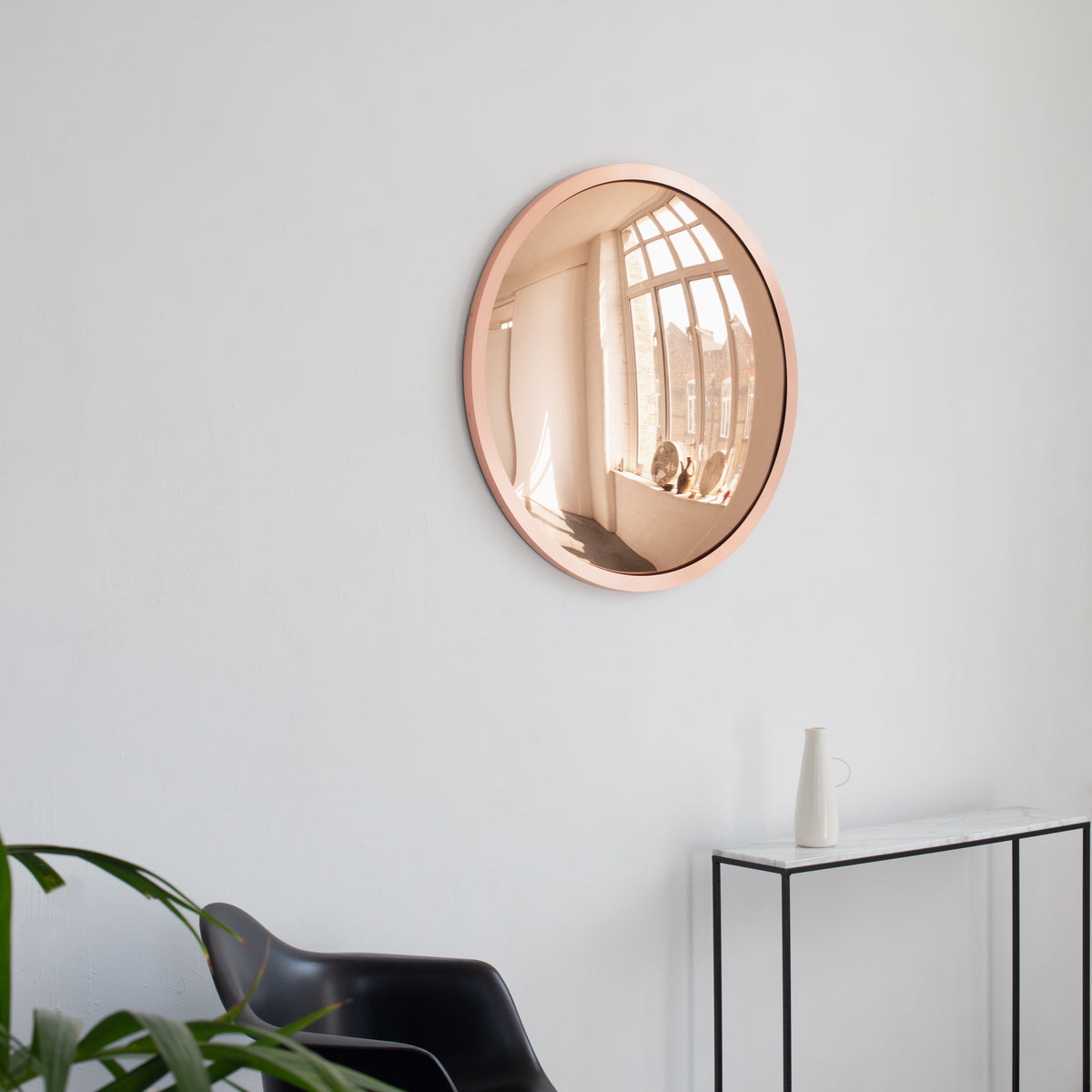 In Stock Orbis™ Round Rose Gold Convex Handcrafted Mirror with Brushed Copper Frame